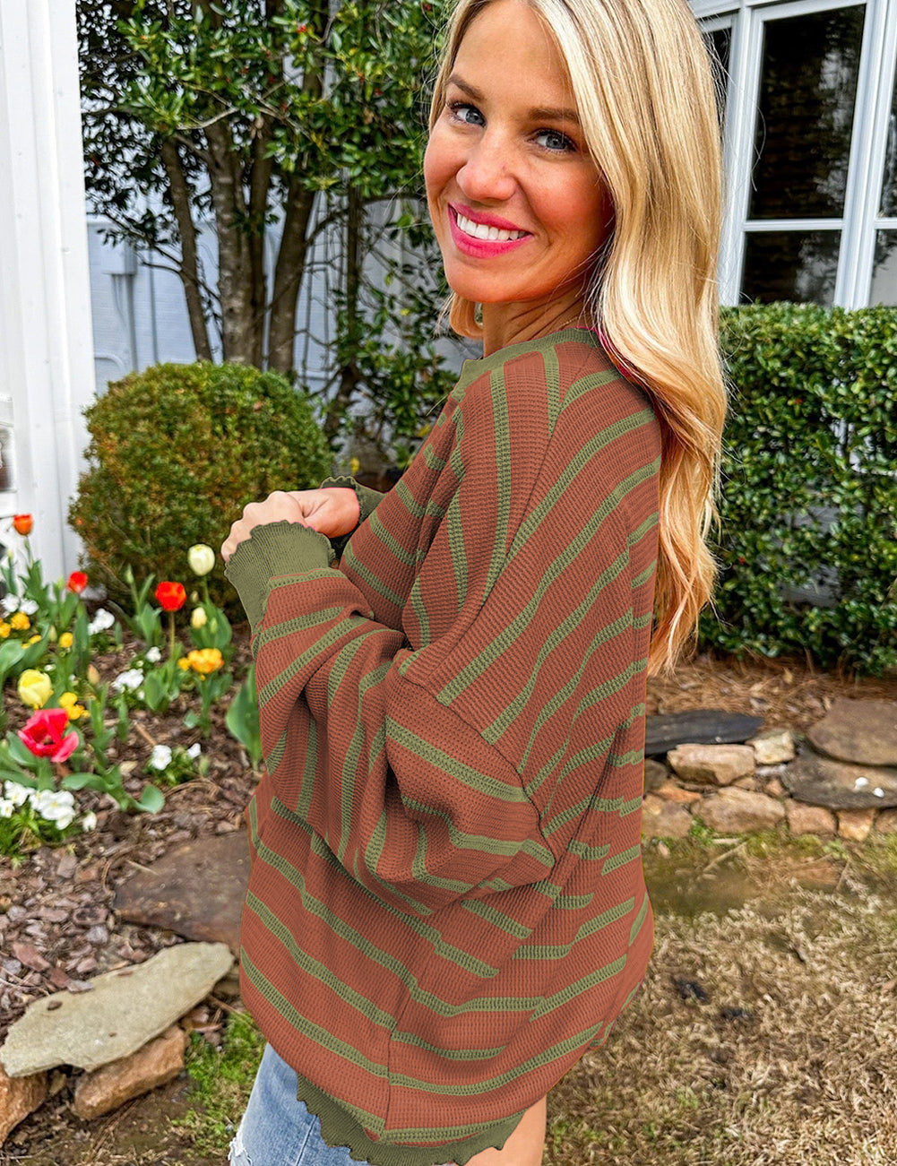 Orange Stripe Trimmed Round Neck Drop Shoulder Loose Sweater | Sweaters Daverri Fashions