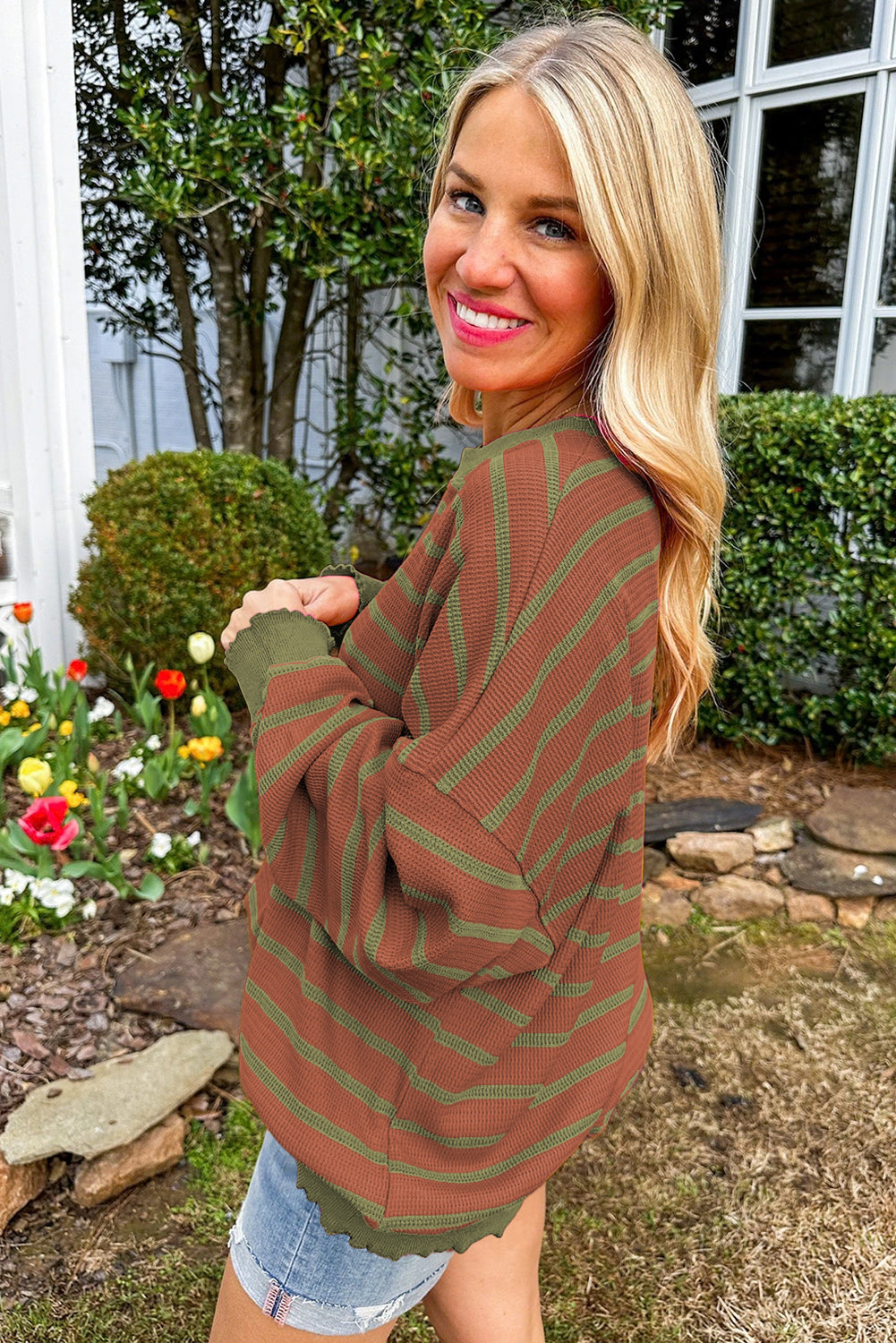 Orange Stripe Trimmed Round Neck Drop Shoulder Loose Sweater | Sweaters Daverri Fashions