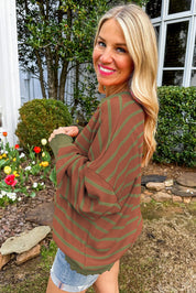 Orange Stripe Trimmed Round Neck Drop Shoulder Loose Sweater | Sweaters Daverri Fashions