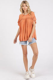 Mittoshop Mineral Washed Round Neck Ruffle Sleeve Blouse