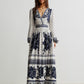Floral print long sleeve maxi dress in white with navy patterns