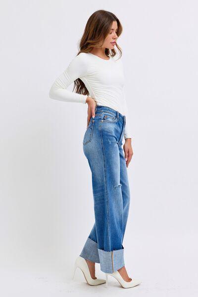 Judy Blue Full Size Distressed High Waist Wide Leg Jeans - DAVERRI FASHIONS