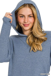 Ribbed Long Sleeve Hoodie Dusty Blue | Hoodies Daverri Fashions