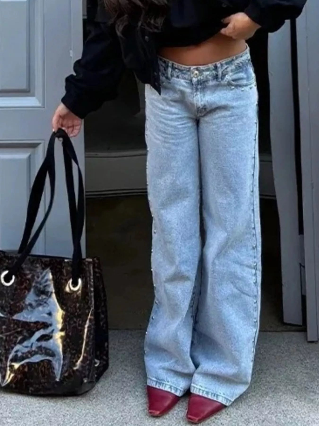 Leopard Star Patches wide-leg light-wash denim jeans with distressed seams