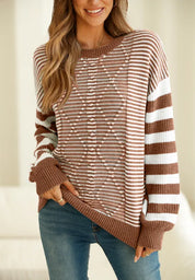 Brown Striped Round Neck Dropped Shoulder Sweater | Sweaters Daverri Fashions