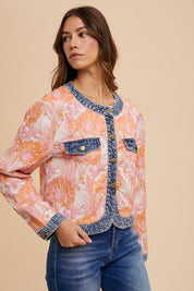 Annie Wear Floral Jacquard Denim Contrast Button Down Jacket Tops