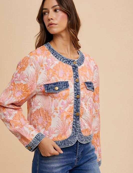 Annie Wear Floral Jacquard Denim Contrast Button Down Jacket Tops