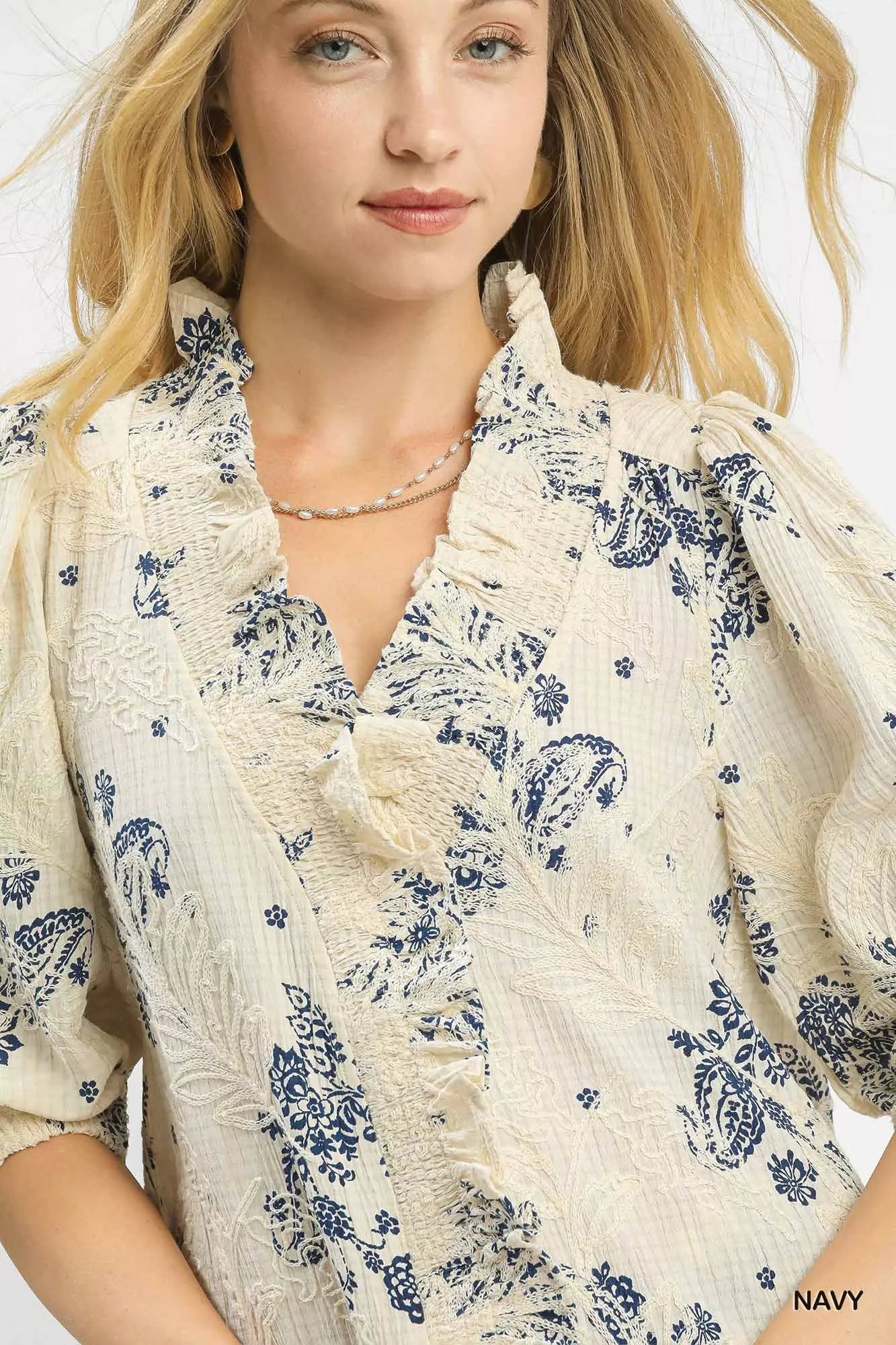 Umgee floral embroidered blouse in cream and navy with ruffle trim