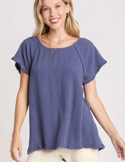 Umgee Full Size Seam Detail Linen Ruffle Fringe Edge Top Dusty Blue Tops