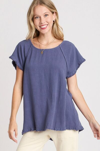 Umgee Full Size Seam Detail Linen Ruffle Fringe Edge Top Dusty Blue Tops