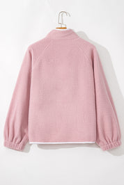 Fushia Stand Neck Half Button Zip Pocket Plush Sweatshirt | Sweatshirts Daverri Fashions