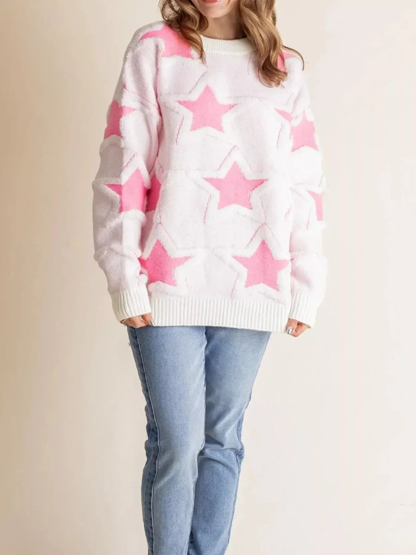 Oversized Star Pattern Ribbed Edge Drop Shoulder Sweater - DAVERRI FASHIONS
