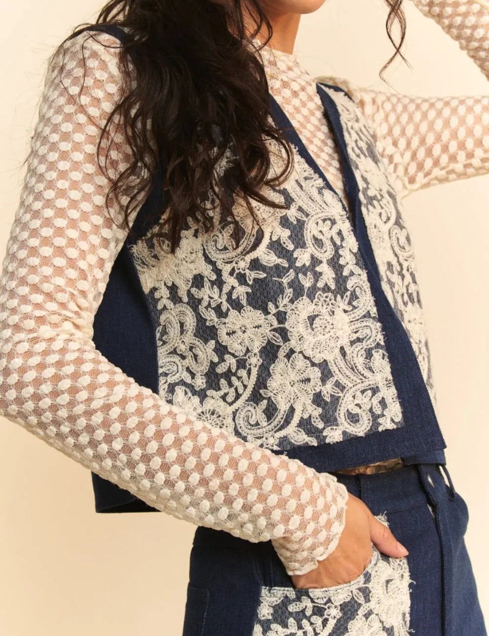 Dark Davi & Dani Lace Patch Open Front Denim Vest | Vest Jackets Daverri Fashions