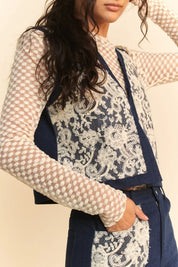 Dark Davi & Dani Lace Patch Open Front Denim Vest | Vest Jackets Daverri Fashions