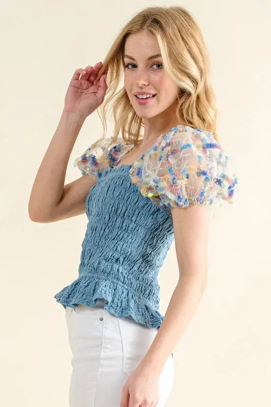 And The Why Embellishment Sleeve Smocked Top - DAVERRI FASHIONS