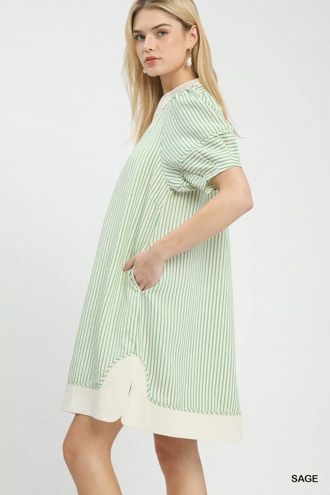 Umgee Pinstripe Shift Dress with light green white stripes and cream hem