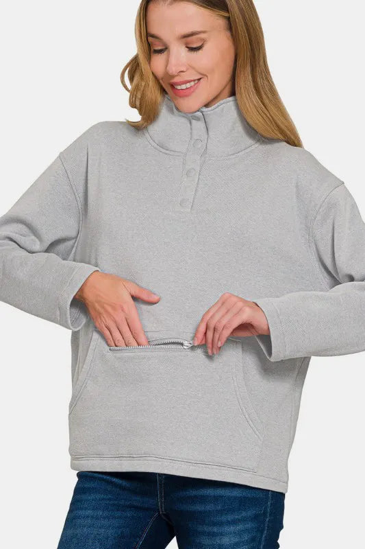 Zenana Turtleneck Half Snap Fleece Sweatshirt Gray Sweatshirts
