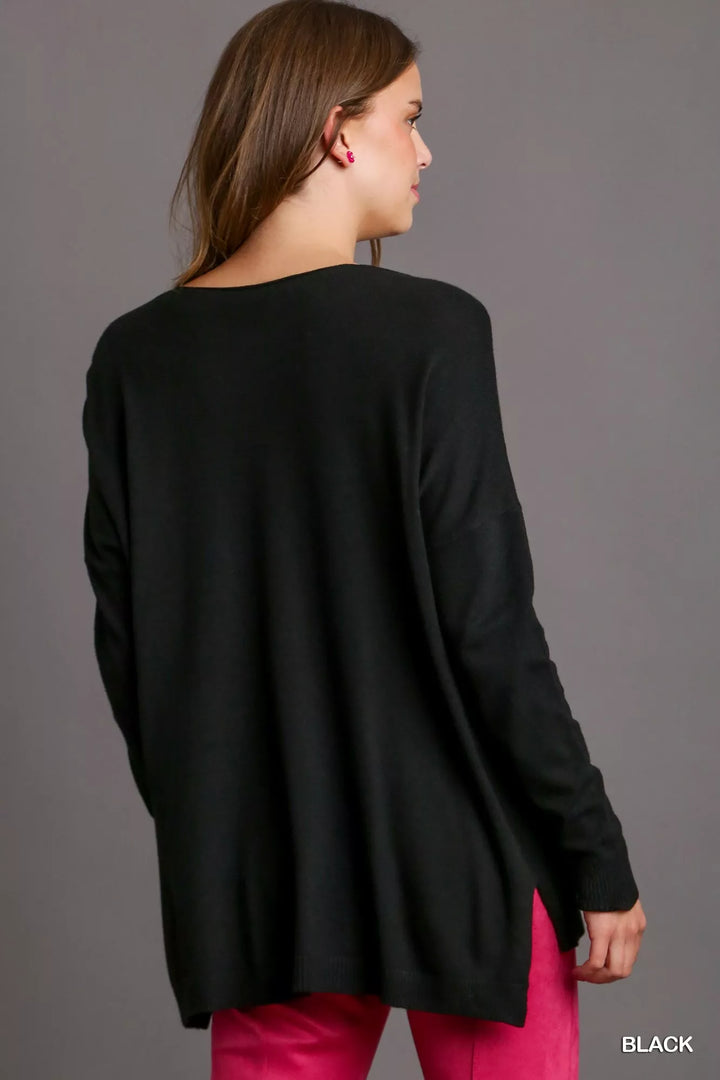 Umgee V-Neck High Low Hem Knit Top with Side Slit | Knit Tops Daverri Fashions