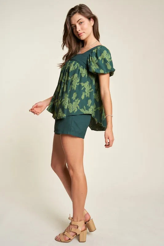 Davi & Dani Nature Printed Square Neck Puff Sleeve Blouse