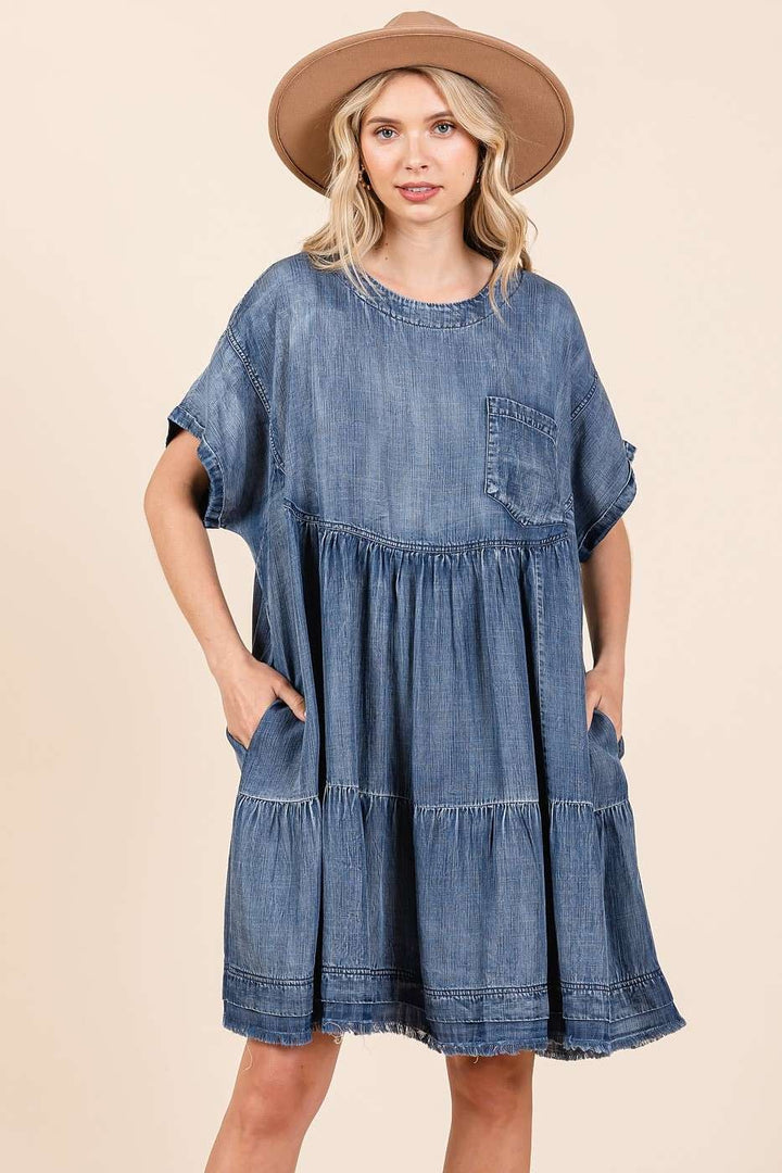 Mittoshop Washed Chambray Denim Oversized Tier Mini Dress Medium Mini Dresses