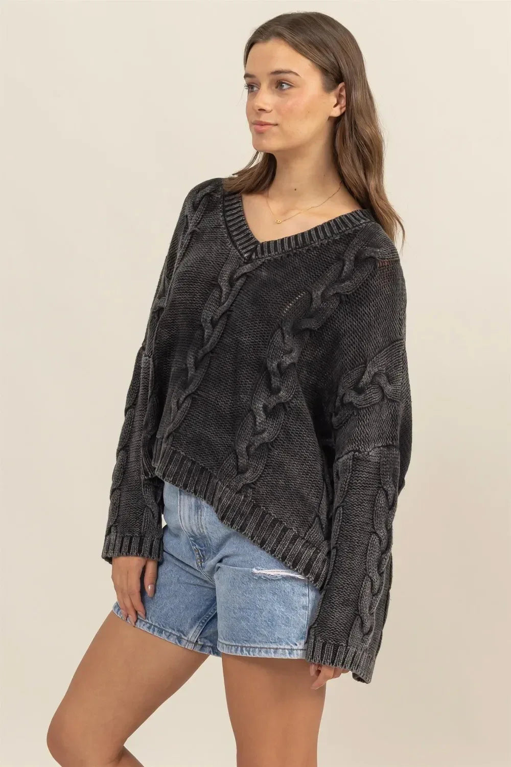 HYFVE Cable Knit V-Neck Dropped Shoulder Oversized Sweater - DAVERRI FASHIONS
