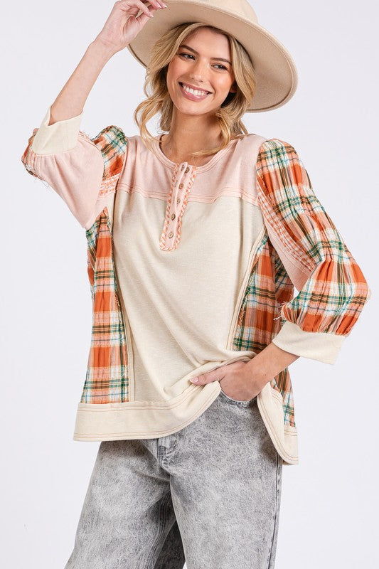 SAGE + FIG Exposed Seam Button Detail Plaid Top PINK