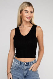 Ribbed Scoop Neck Cropped Sleeveless Top Tank Tops