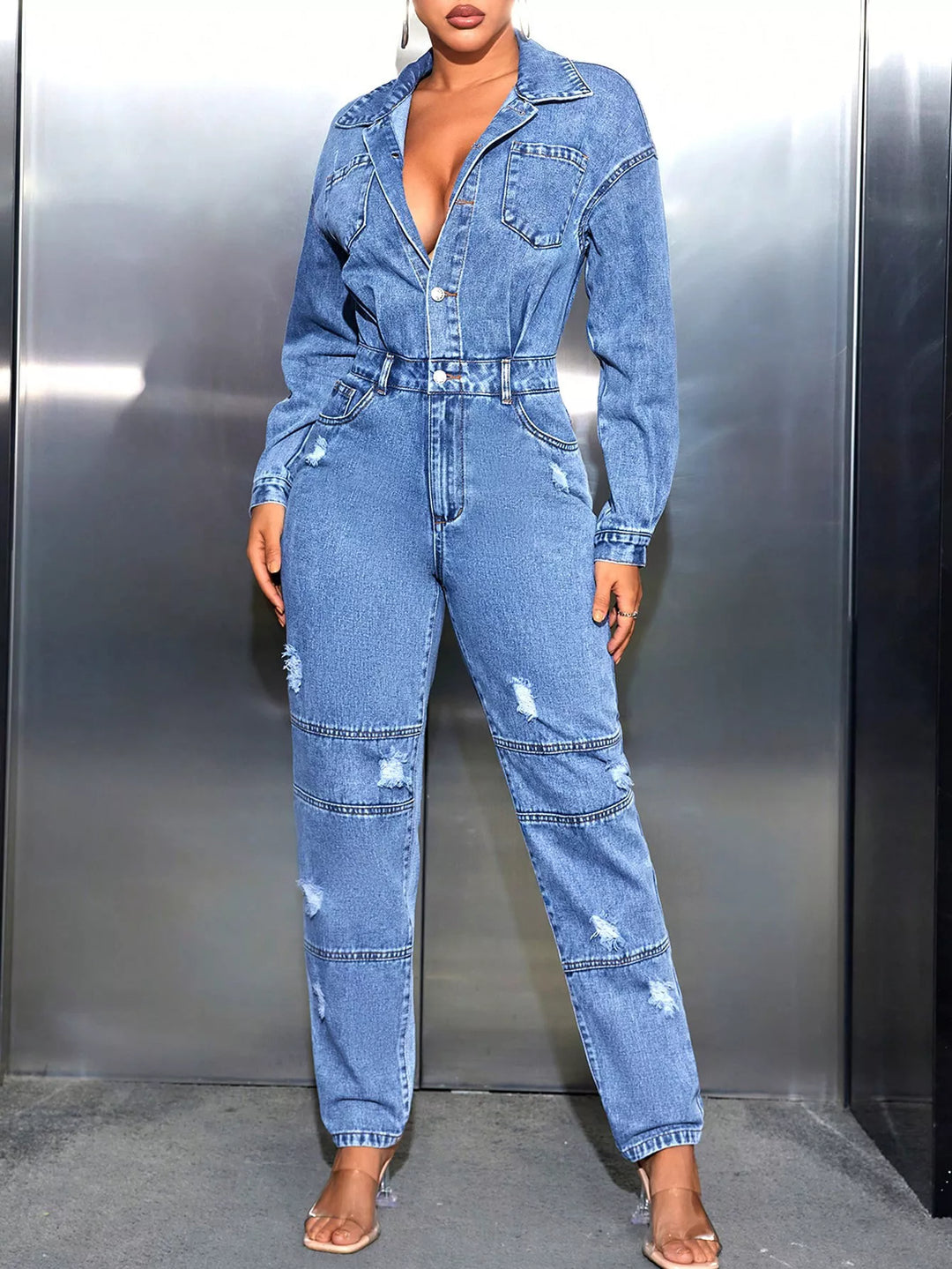 Distressed Long Sleeve Denim Jumpsuit | Jumpsuits Daverri Fashions