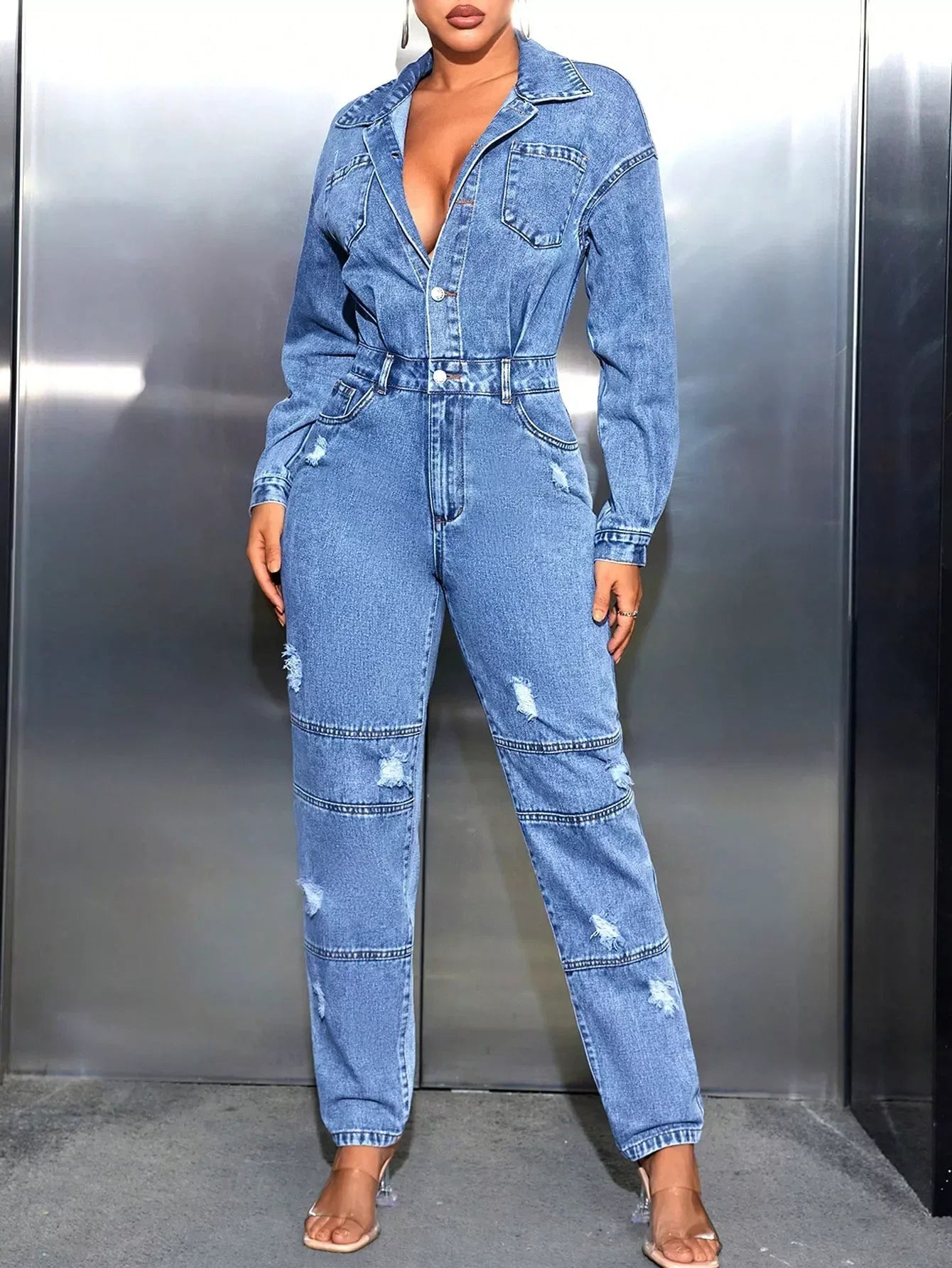 Distressed Long Sleeve Denim Jumpsuit - DAVERRI FASHIONS