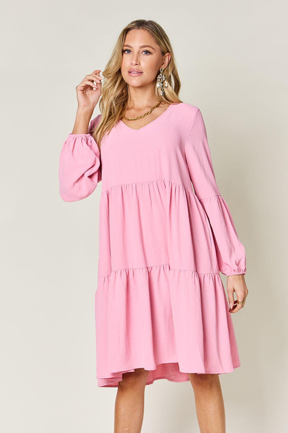 Double Take Full Size V-Neck Balloon Sleeve Tiered Dress Carnation Pink Midi Dresses