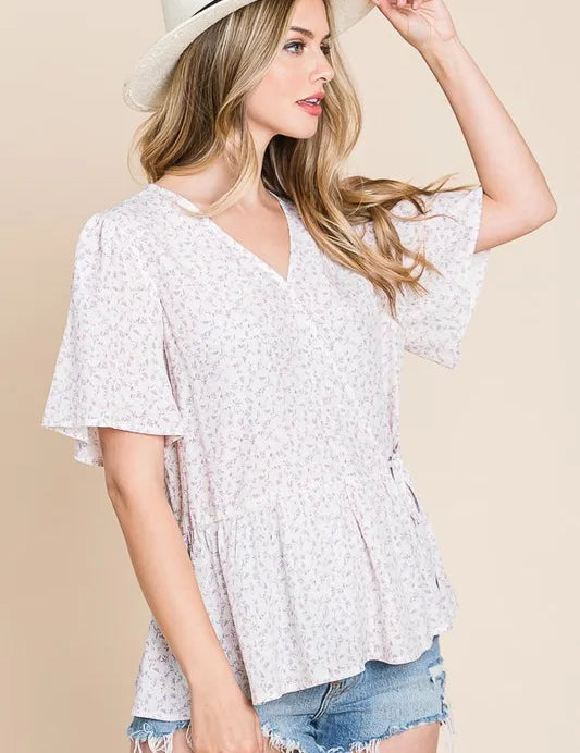 Lime 'N' Chili Ditsy Print V-Neck Short Sleeve Wrap Blouse | Daverri Fashions