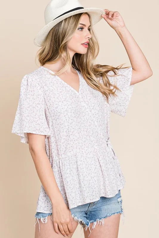 Lime 'N' Chili Ditsy Print V-Neck Short Sleeve Wrap Blouse