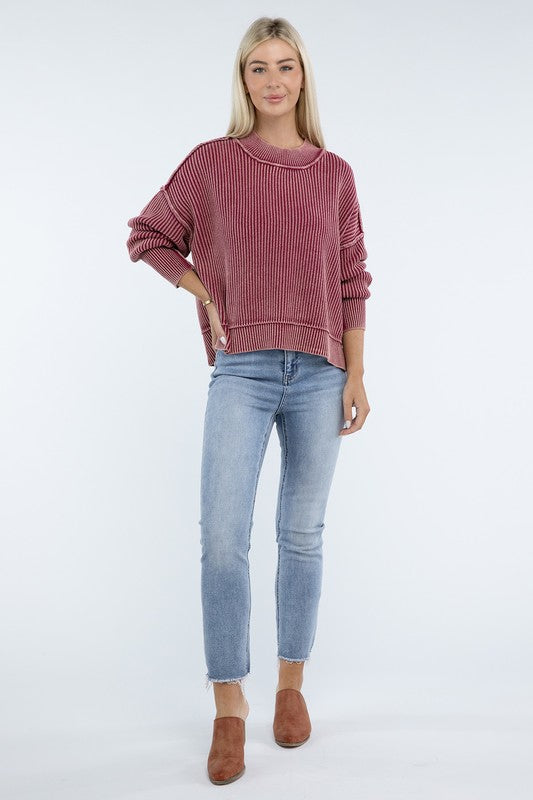 Washed Side Slit Oversized Cropped Cotton Sweater Tops