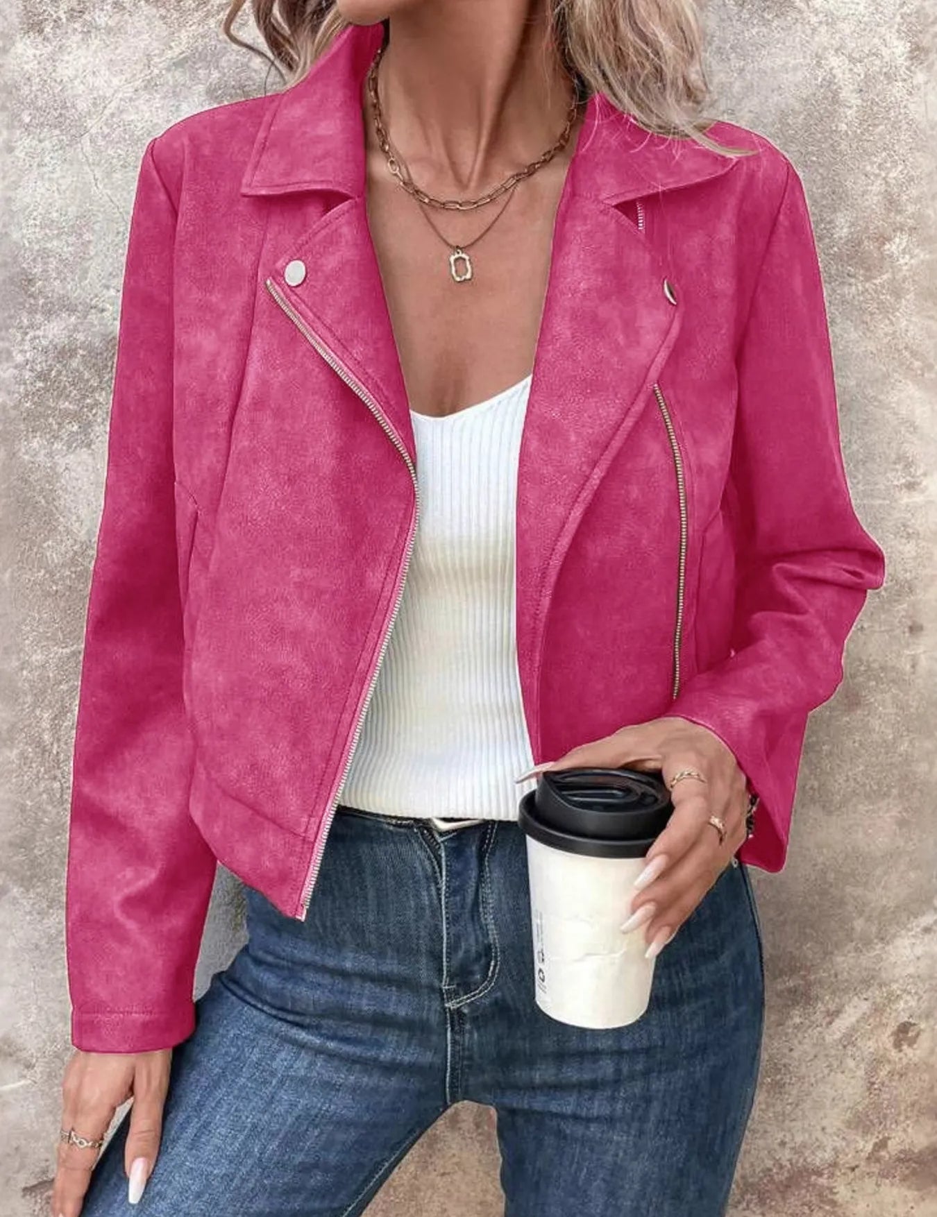Hot Pink Zip Up Suede Cropped Moto Jacket | Jackets Daverri Fashions