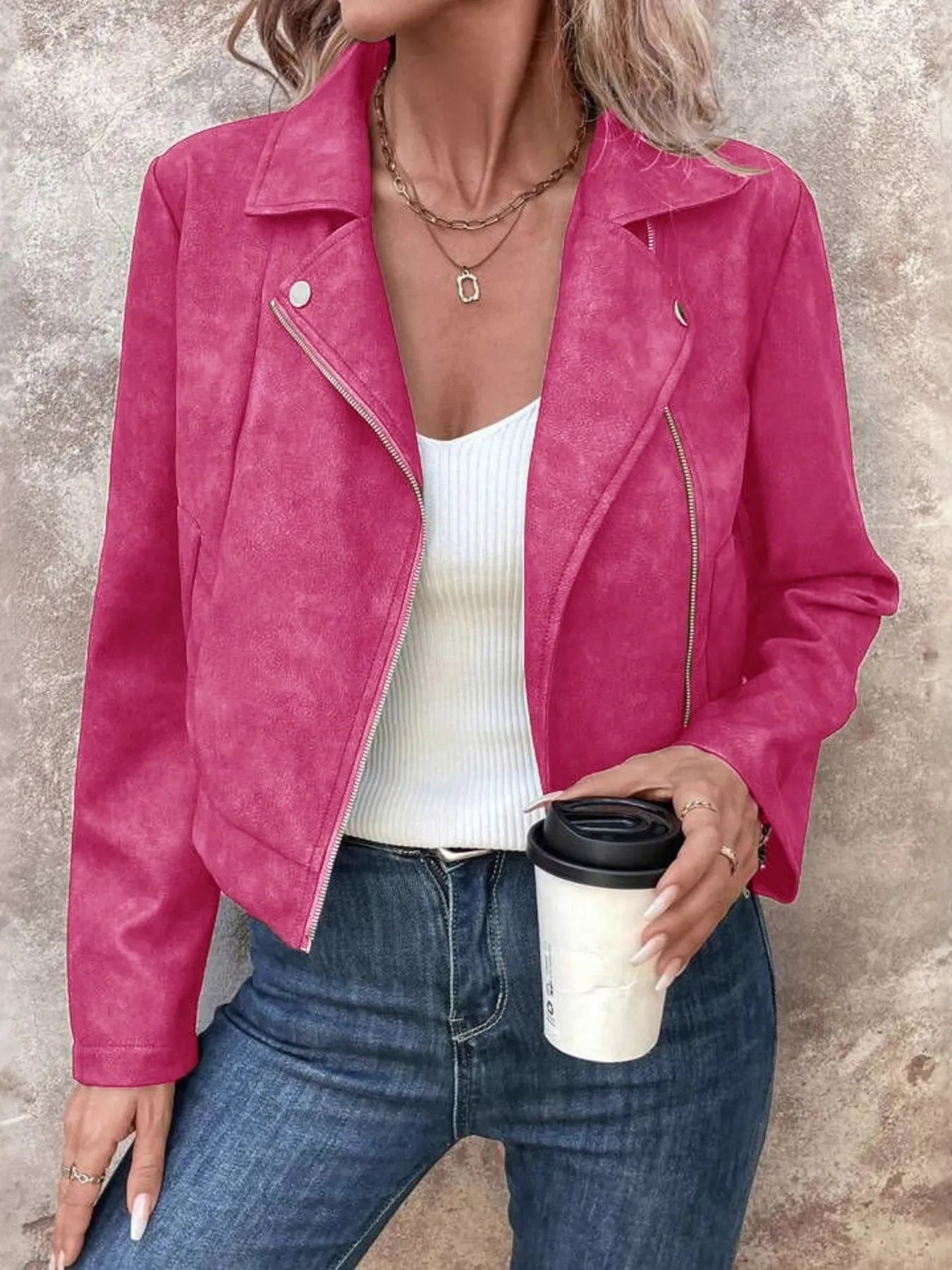 Hot Pink Zip Up Suede Cropped Moto Jacket | Jackets Daverri Fashions