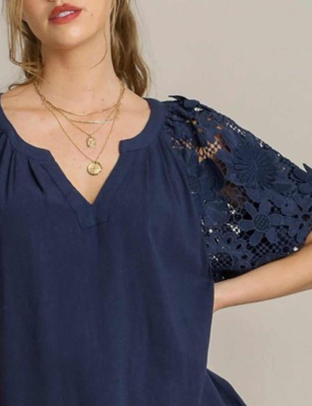 Umgee Full Size French Terry Boxy Cut Top with 3D Floral Sleeve Plus Size | Tops Daverri Fashions