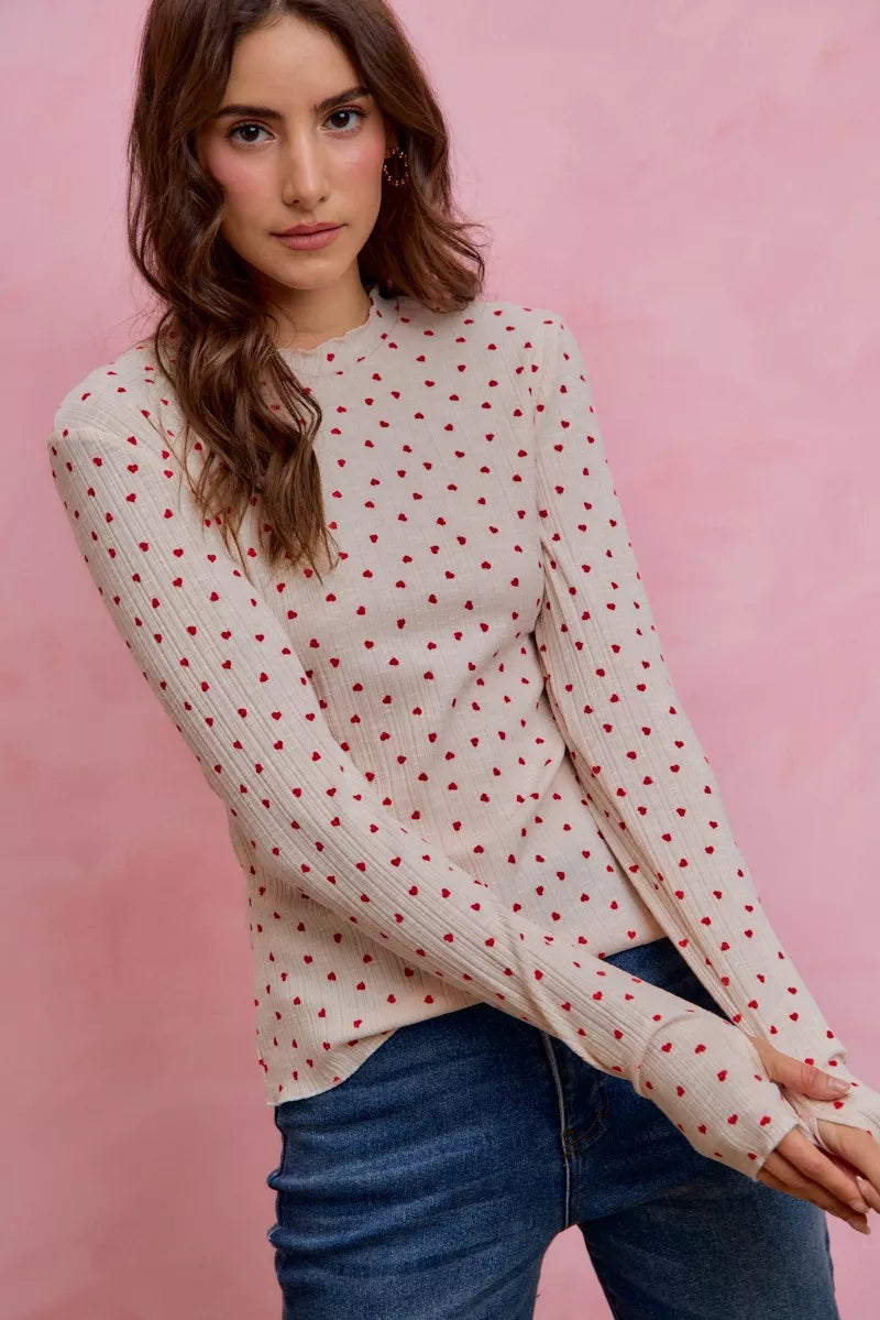SO ME Ditsy Heart cream long-sleeve rib knit top