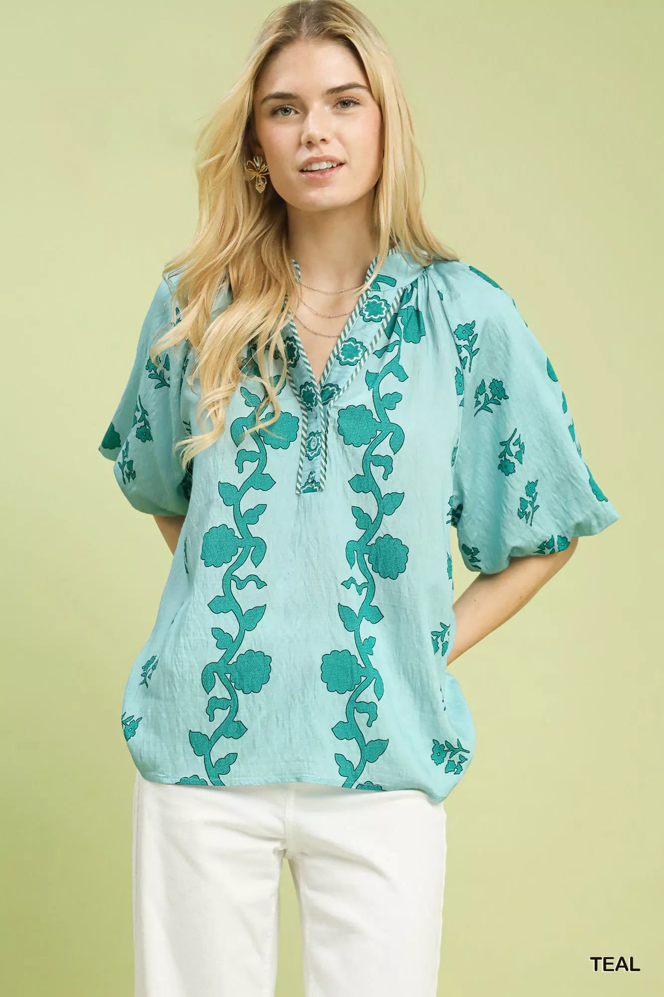 Teal Umgee collared floral print blouse with flutter sleeves and V-neck