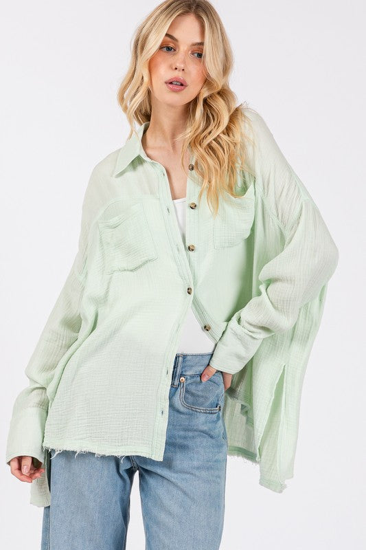 SAGE + FIG Frayed Hem Side Slit Button Down Shirt