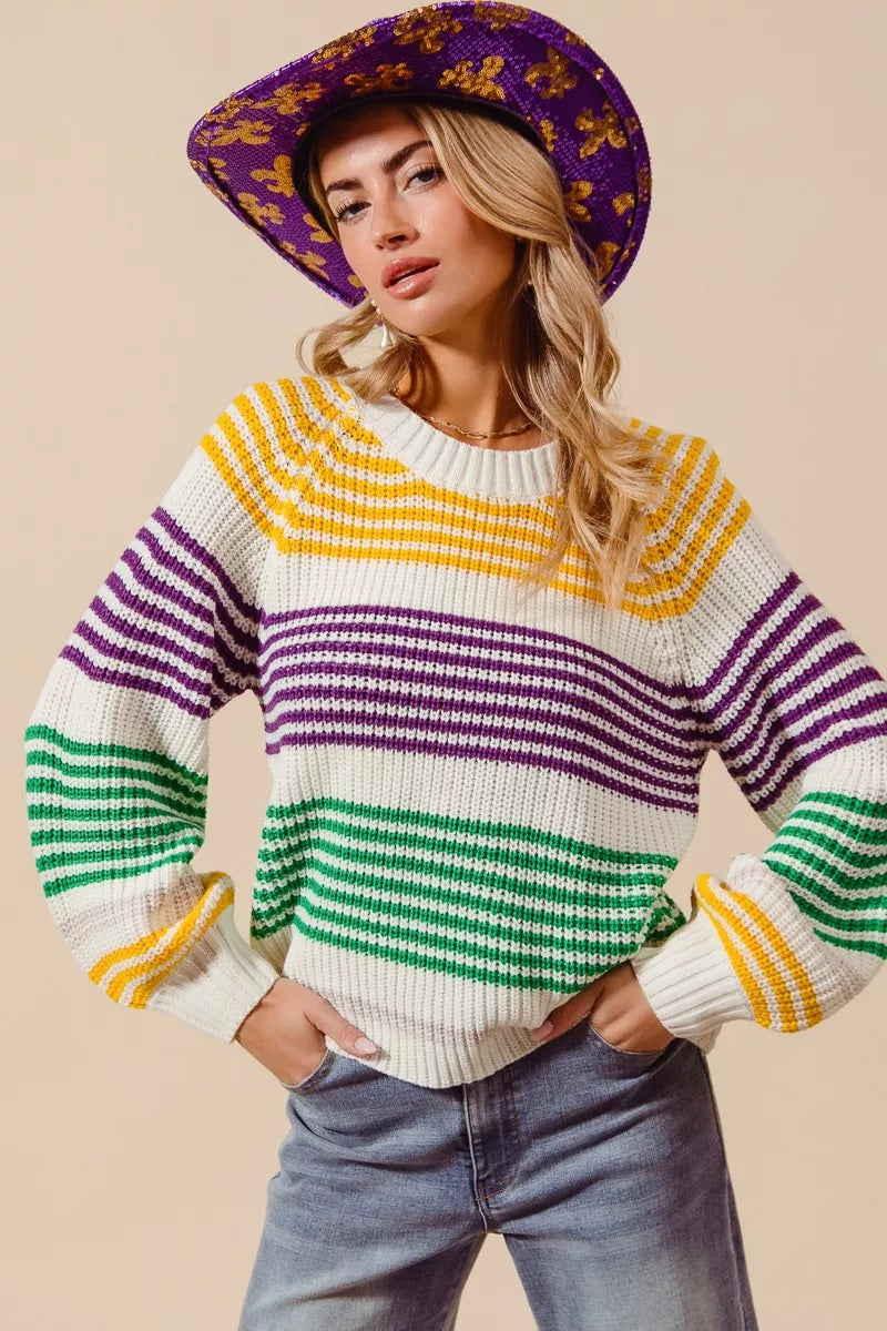 Vibrant SO ME Mardi Gras knitted raglan sweater with colorful stripes