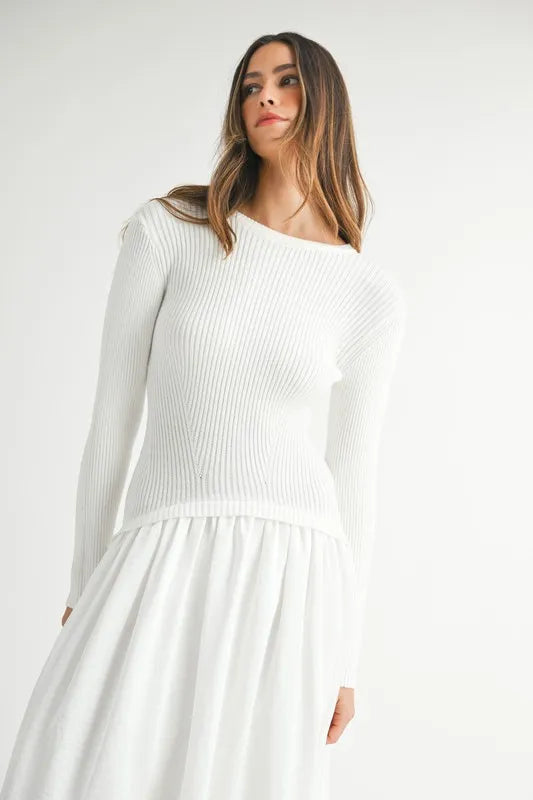 MABLE Ribbed Poplin Mix Midi Sweater Dress