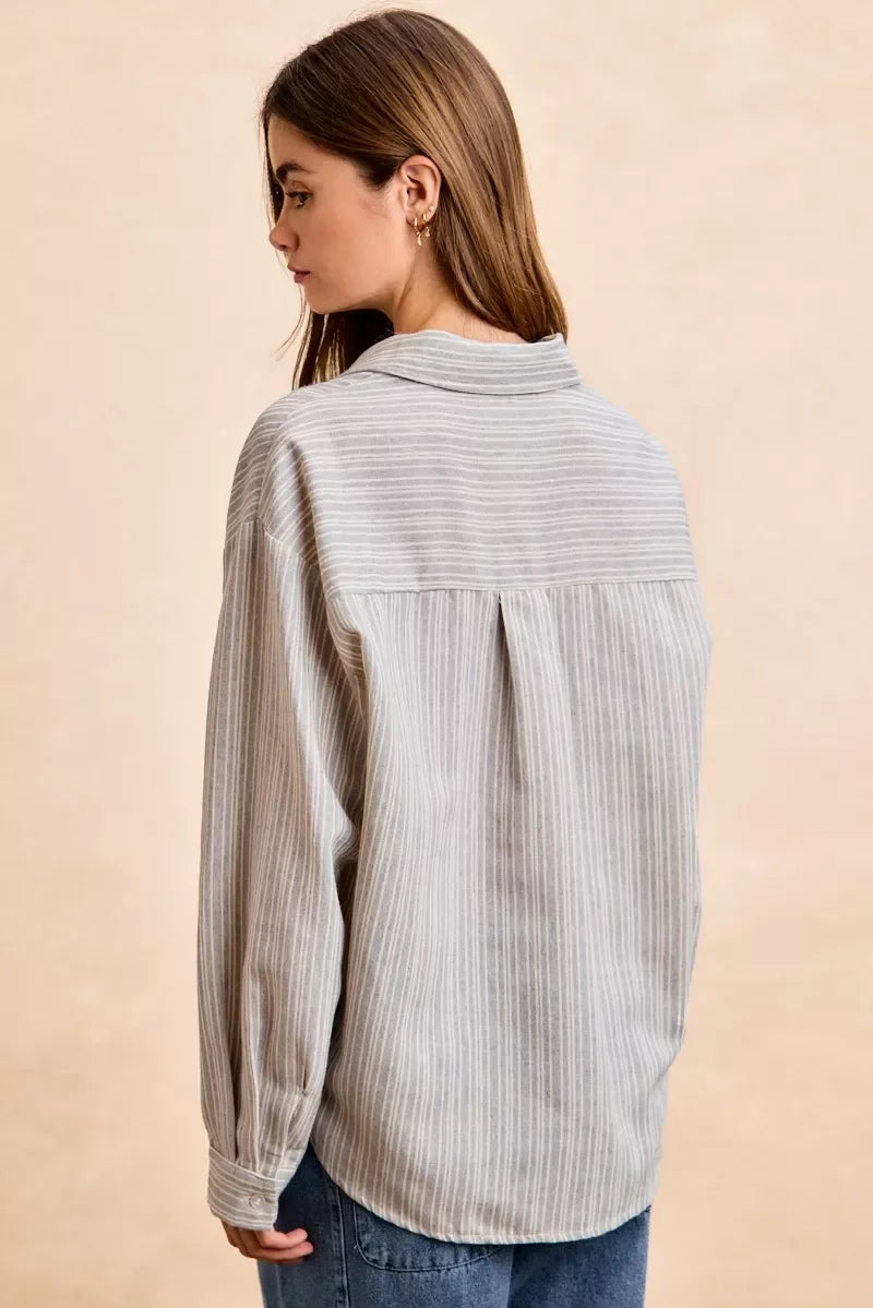 BiBi Flower Jacquard Knit Patch Pocket Stripe Shirt in soft gray-white stripes