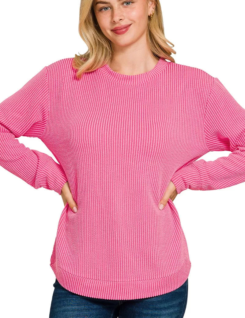 FUCHSIA Zenana Full Size Raised Rib Round Neck Long Sleeve Top Plus Size | Daverri Fashions