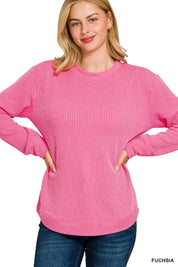 FUCHSIA Zenana Full Size Raised Rib Round Neck Long Sleeve Top Plus Size | Daverri Fashions