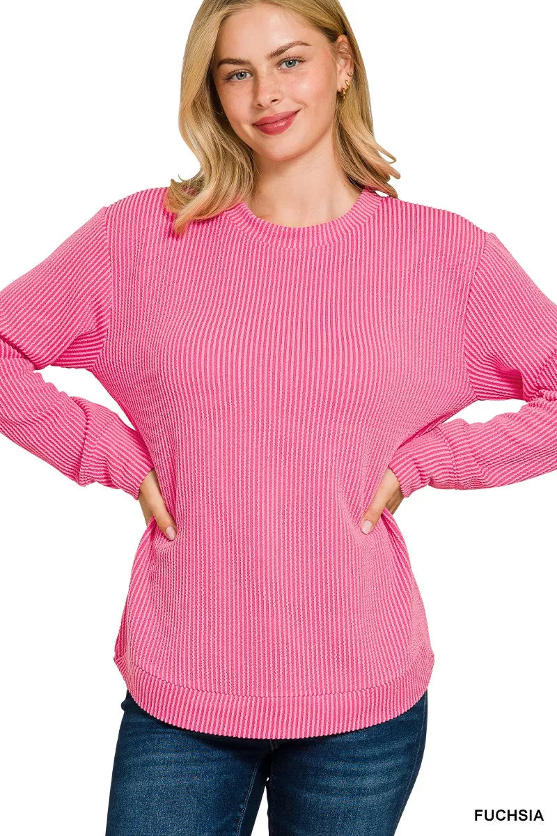 FUCHSIA Zenana Full Size Raised Rib Round Neck Long Sleeve Top Plus Size | Daverri Fashions