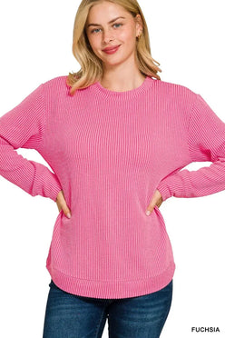Zenana Full Size Raised Rib Round Neck Long Sleeve Top Plus Size - DAVERRI FASHIONS