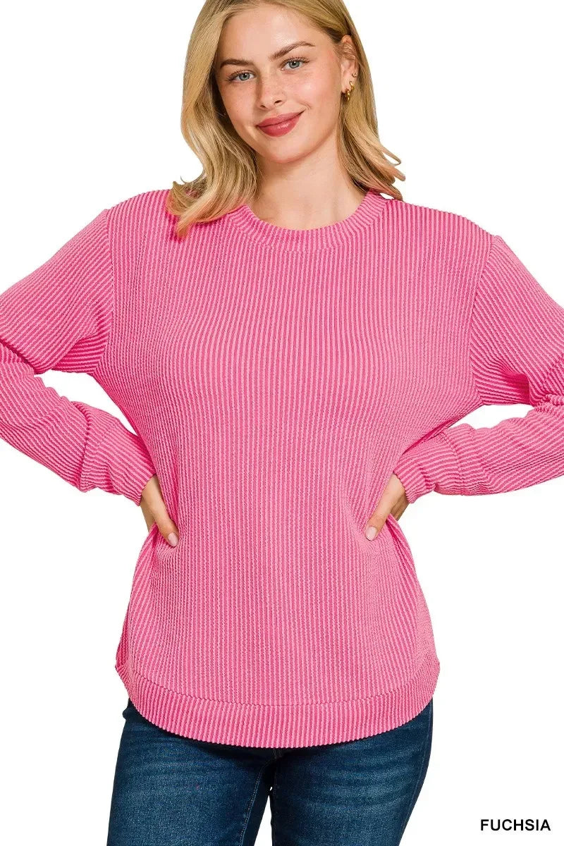 Zenana Full Size Raised Rib Round Neck Long Sleeve Top Plus Size - DAVERRI FASHIONS