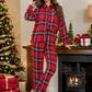 Plaid Collared Neck Long Sleeve Top and Pants Lounge Set - DAVERRI FASHIONS