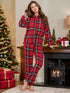 Plaid Collared Neck Long Sleeve Top and Pants Lounge Set - DAVERRI FASHIONS