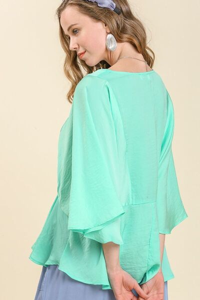 Umgee Full Size Satin Pleated Round Neck Kimono Sleeve Blouse Plus Size Blouses